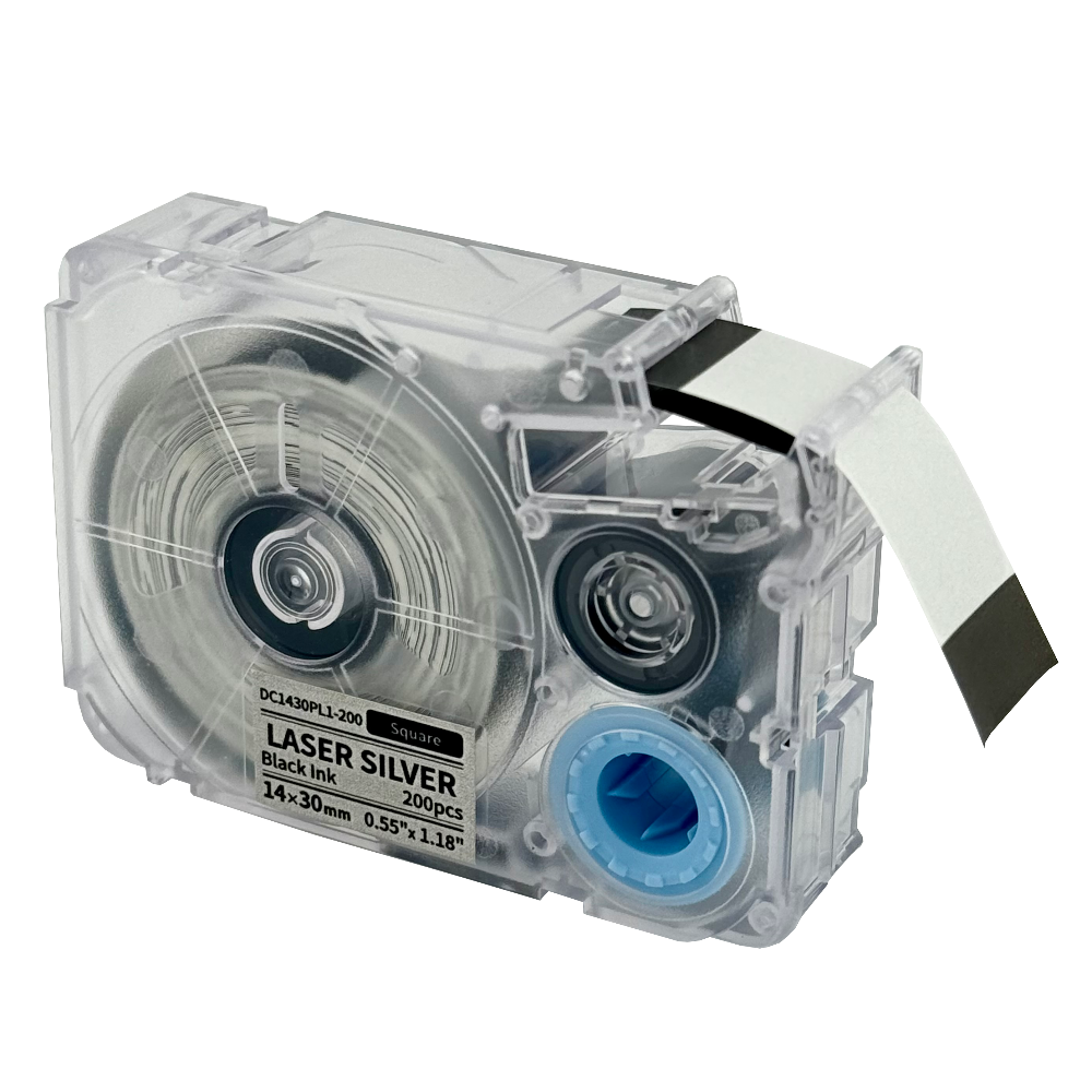 Labeltape sort på lasersølv 14mm x 30mm