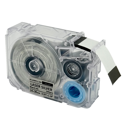 Labeltape sort på lasersølv 14mm x 30mm