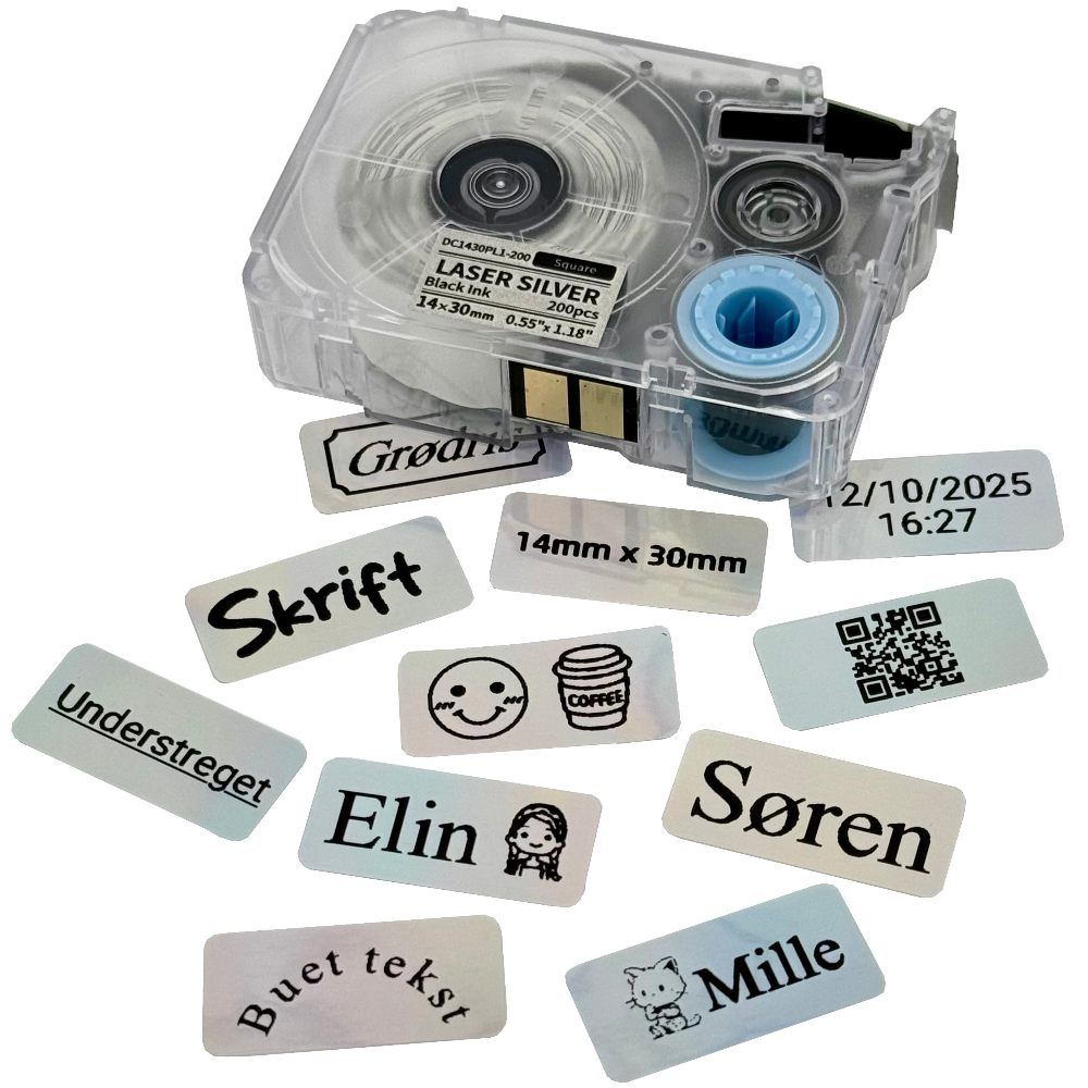Labeltape sort på lasersølv 14mm x 30mm