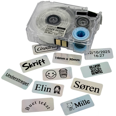 Labeltape sort på lasersølv 14mm x 30mm